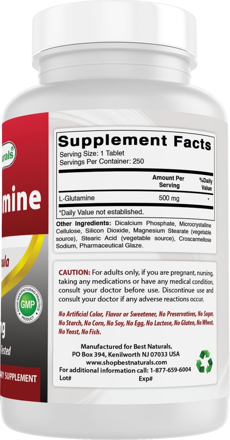 Best Naturals L-Glutamine 500 mg 250 Tablets 250 Count (Pack of 1)
