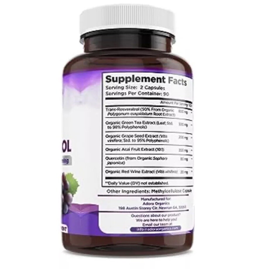 Biodora Resveratrol 1600mg, Trans-Resveratrol Antioxidant Supplement with Green