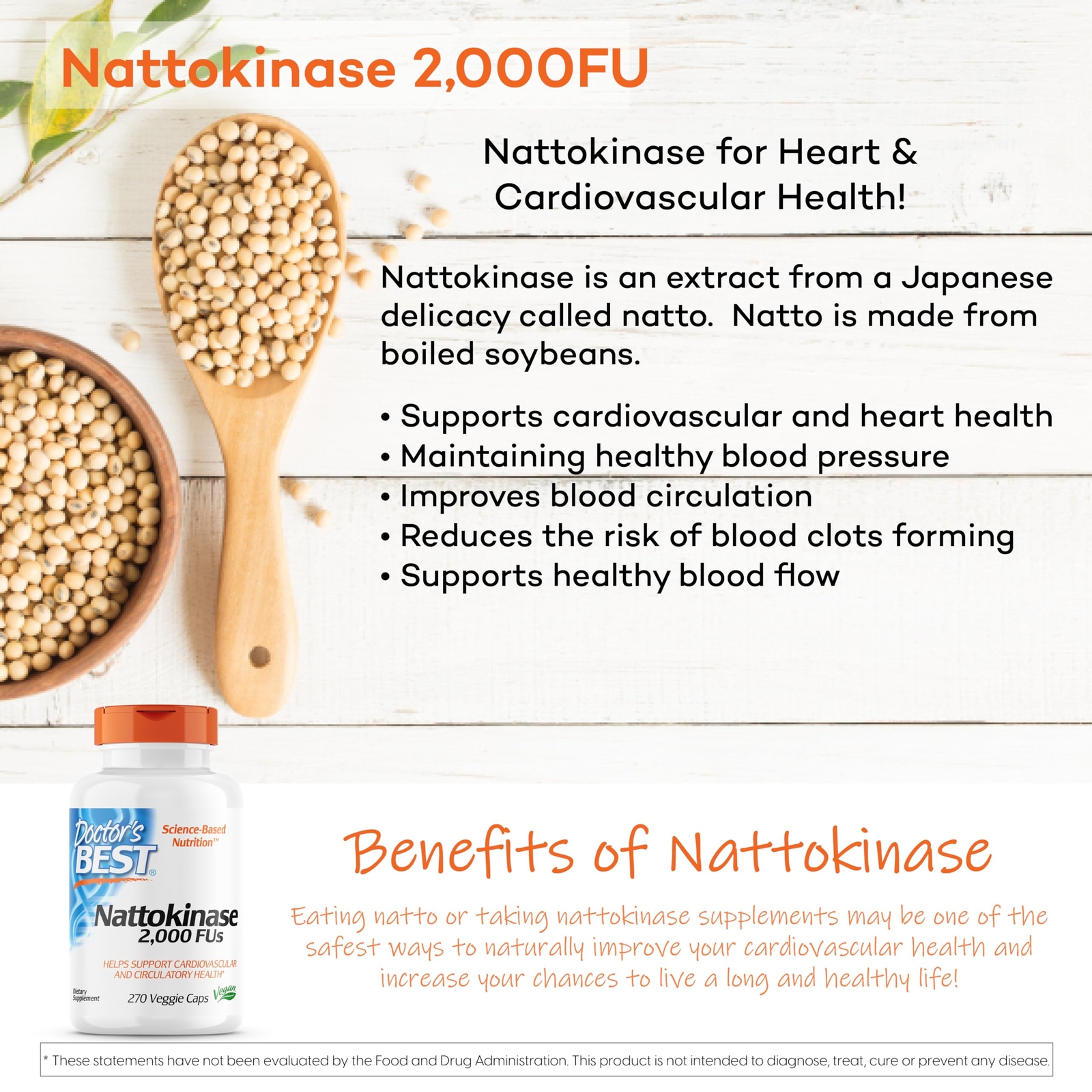 Doctor’s Best Nattokinase 270 Veggie Caps Non GMO Vegan Gluten Free Supplement