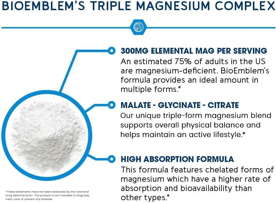 BioEmblem 2X Glycinate Triple Complex | 300mg Magnesium Magnesium 90 Capsules