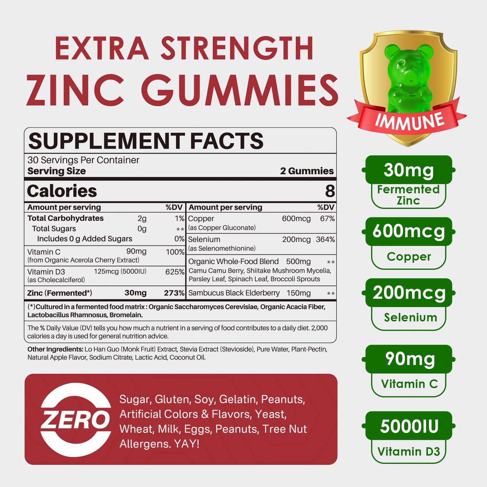 Zinc Gummies + Copper, Selenium, Vitamin C & D3, 60 Count (Pack of 2)