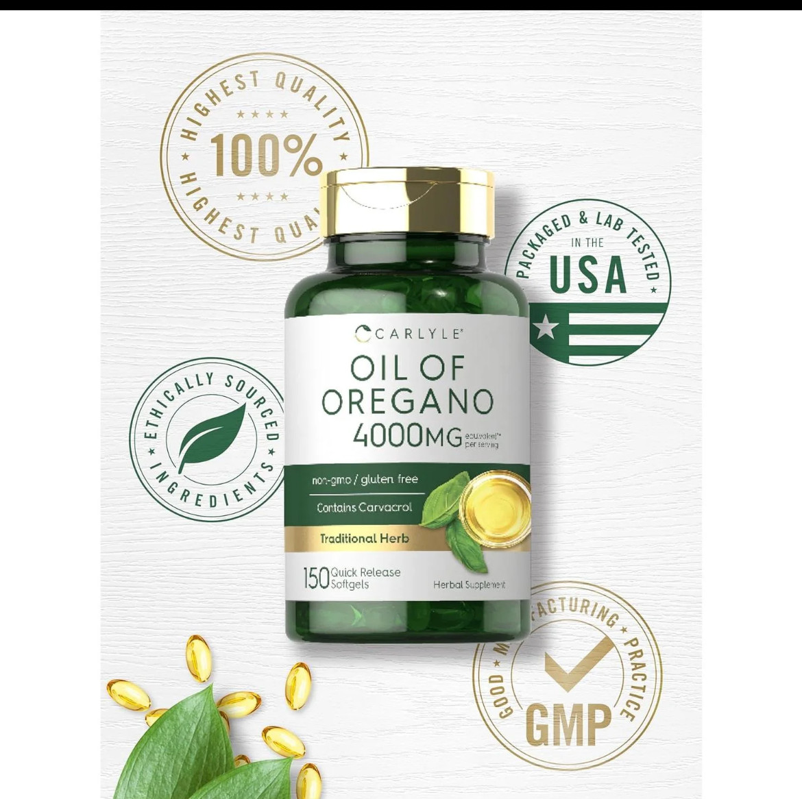 Carlyle Oregano Oil 4000Mg Supplement Formula | 150 Softgel Capsules | Contain