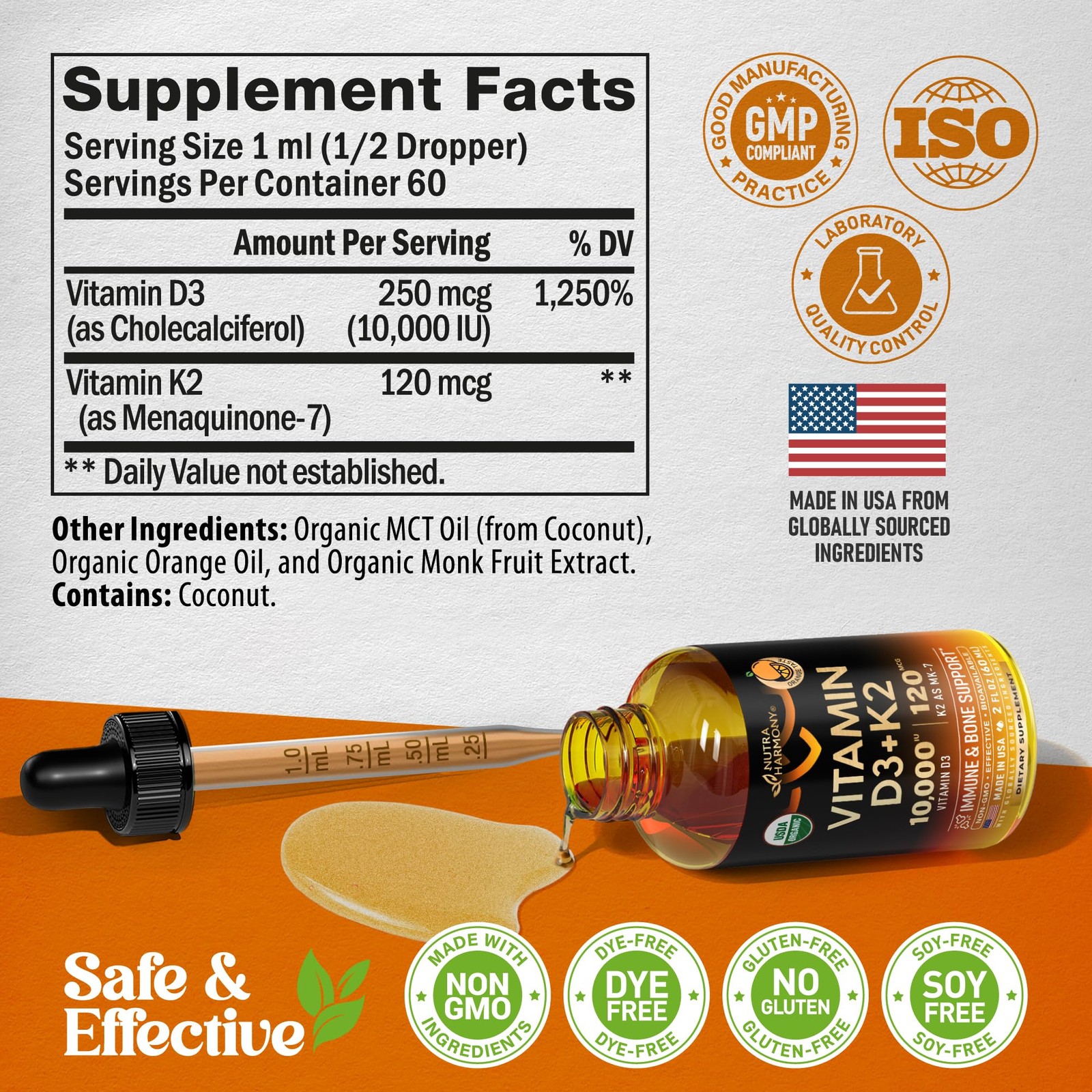 Vitamin D3 K2 Organic Drops Bone Teeth Immune Mood Support Gotas Vitamina D3