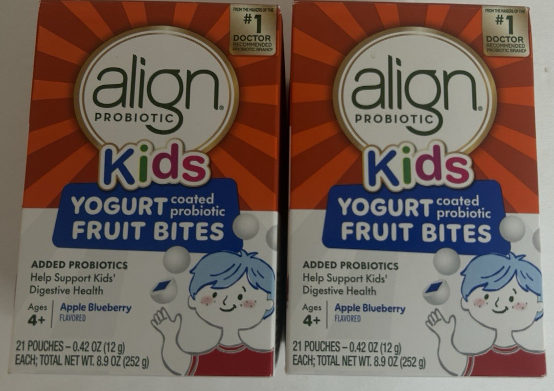 Lot Of 2 Align Probiotic Kids Yogurt Coated Fruit Bites Apple Blueberry Exp 3/27
