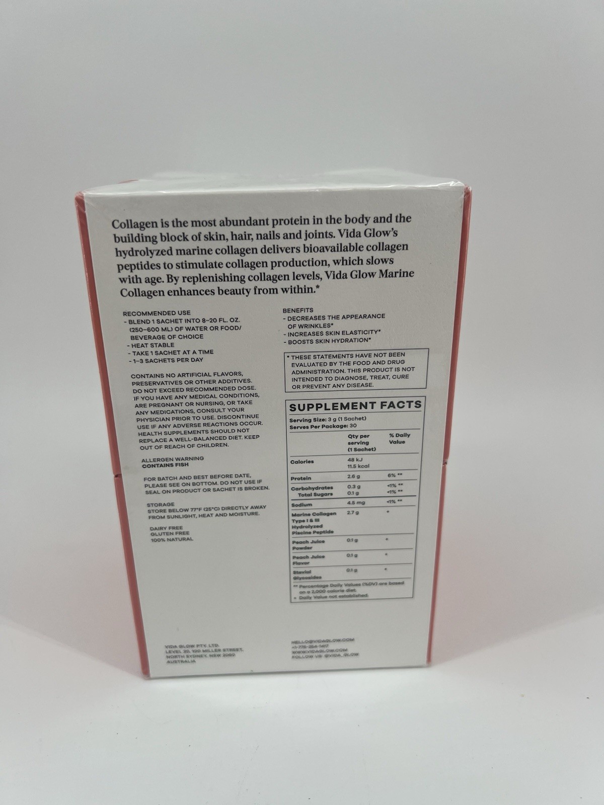 Vida Glow Natural Marine Collagen Peach 30 servings NIB Sealed EXP 8/27