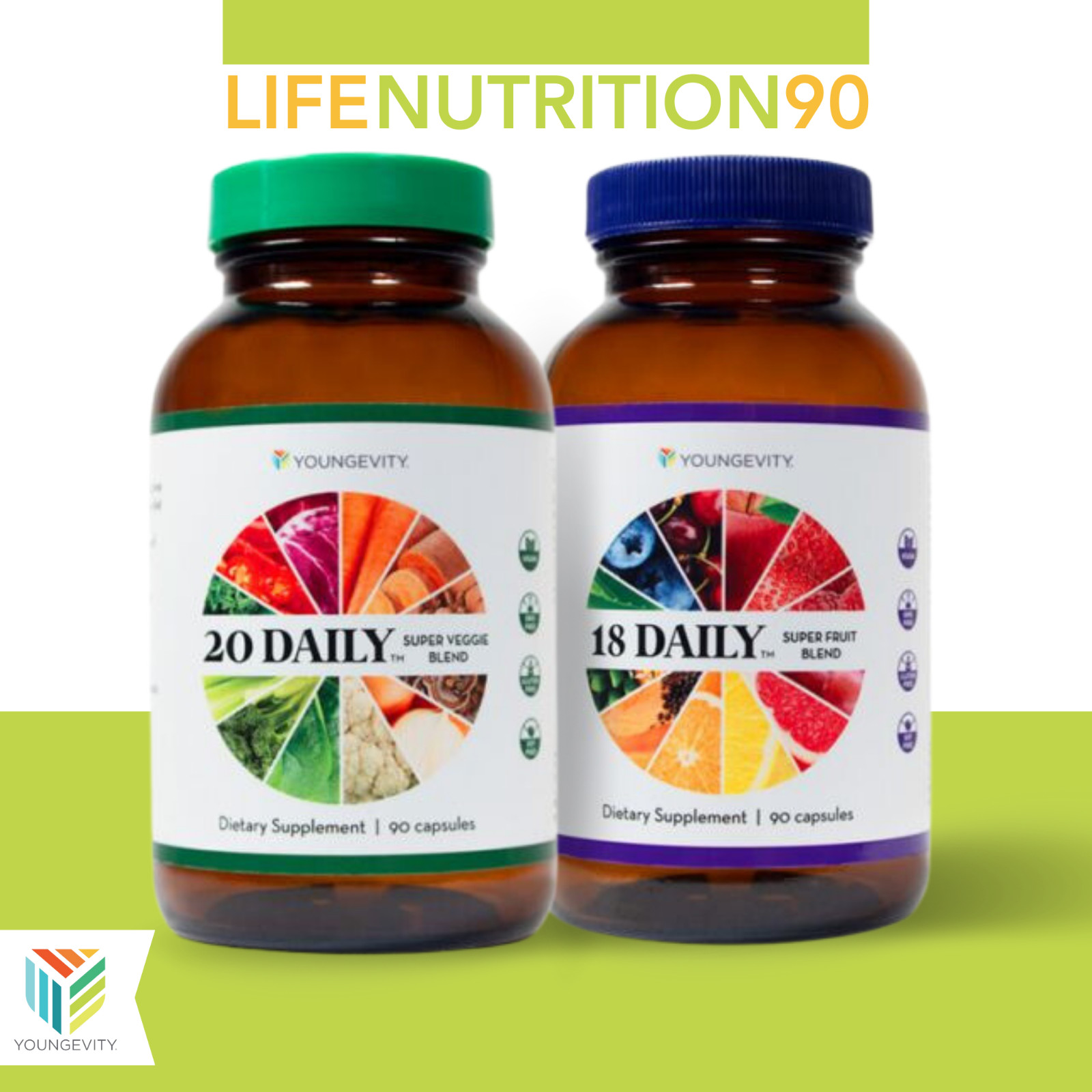 Youngevity 18 Daily Super Fruit Blend & 20 Daily Super Veggie Blend / 90 Caps