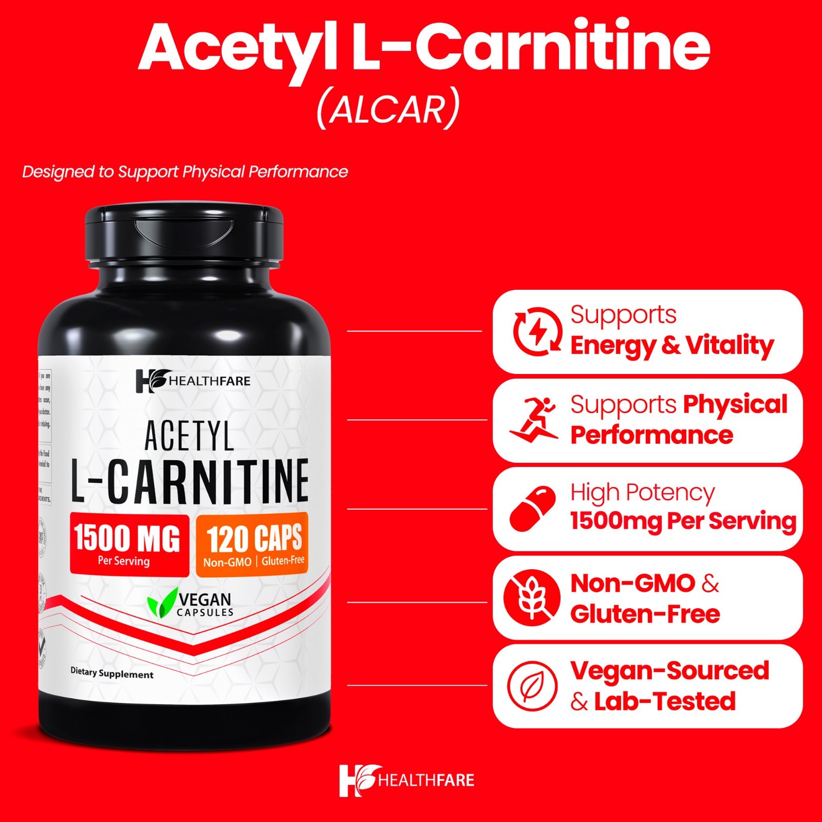 HealthFare Acetyl L-Carnitine 1500mg, 120 Capsules – Non-GMO and Gluten Free