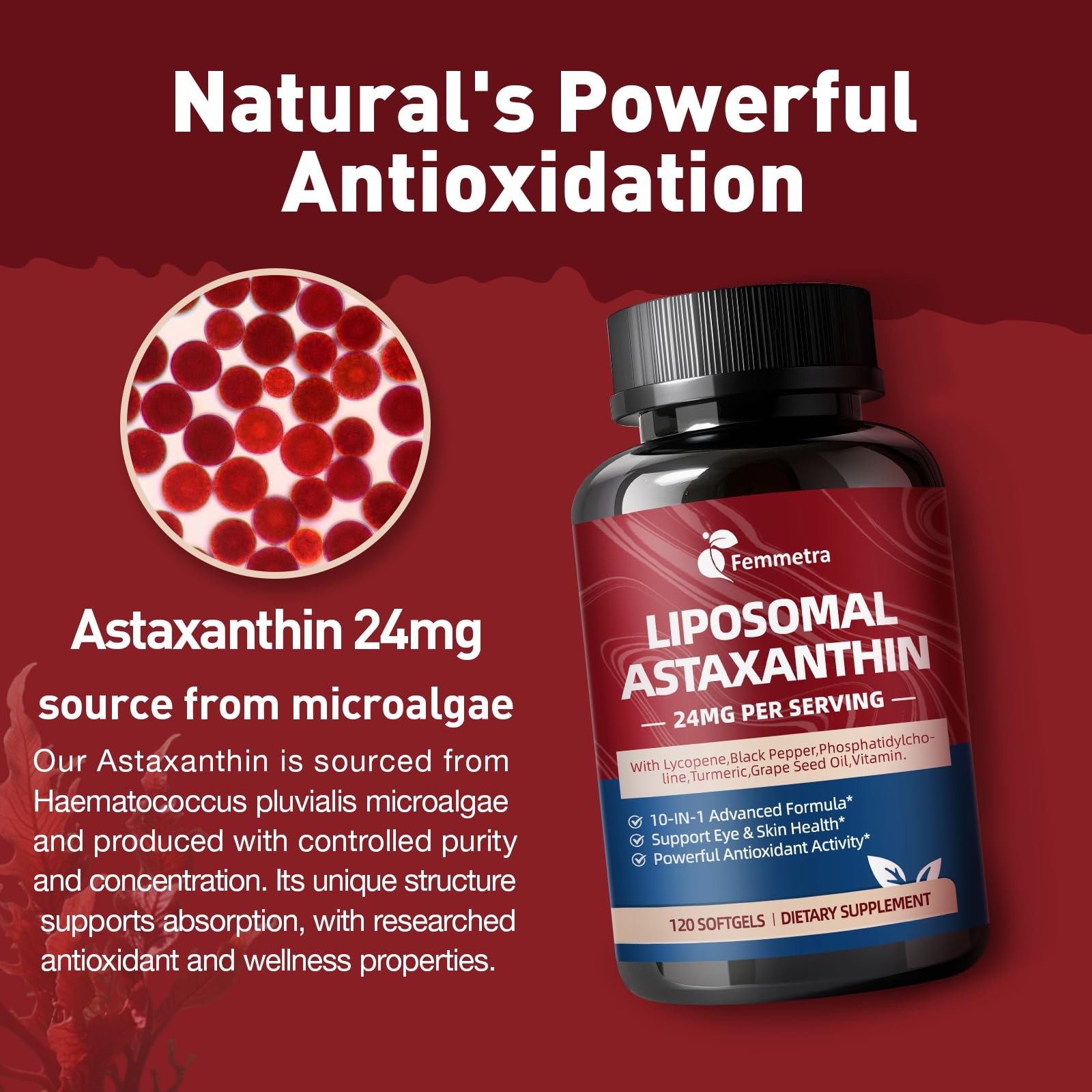 Femmetra Liposomal Astaxanthin 24mg Supplements with 120 Count (Pack of 1)