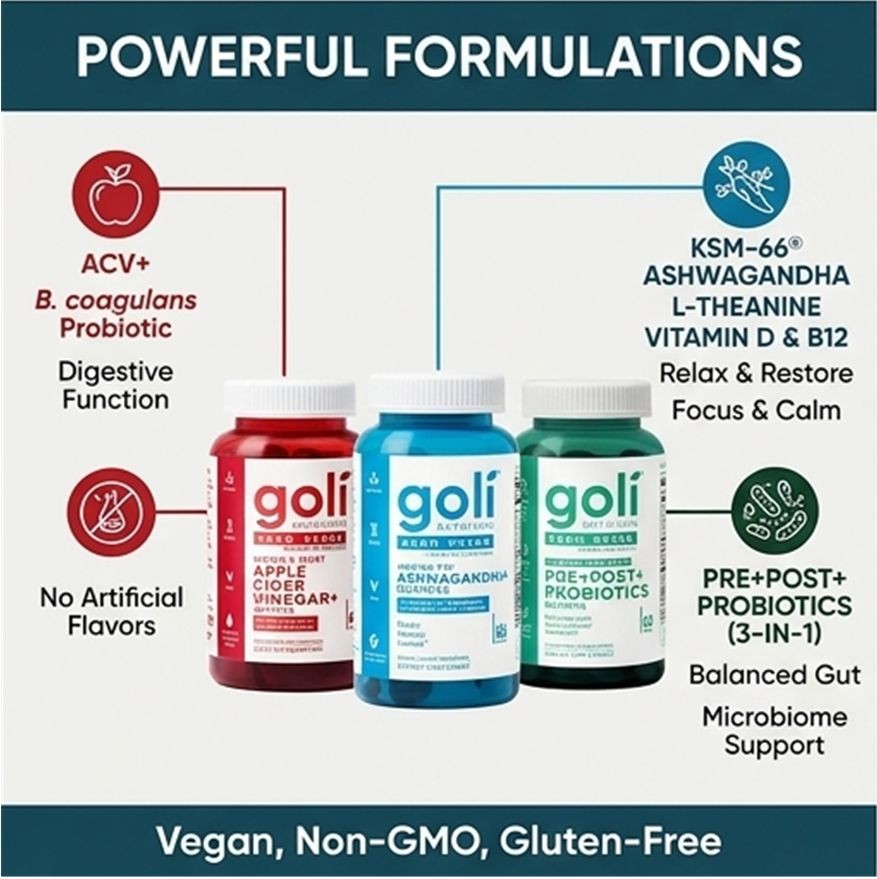 Goli Nutrition Zero Sugar Best Seller Trio 3-Pack – ACV, Ashwagandha, Probiotics