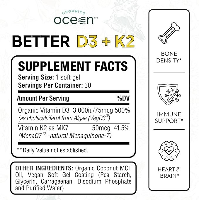Organics Ocean Better D3 + K2 Organic Vegan Supplement 30 Softgels