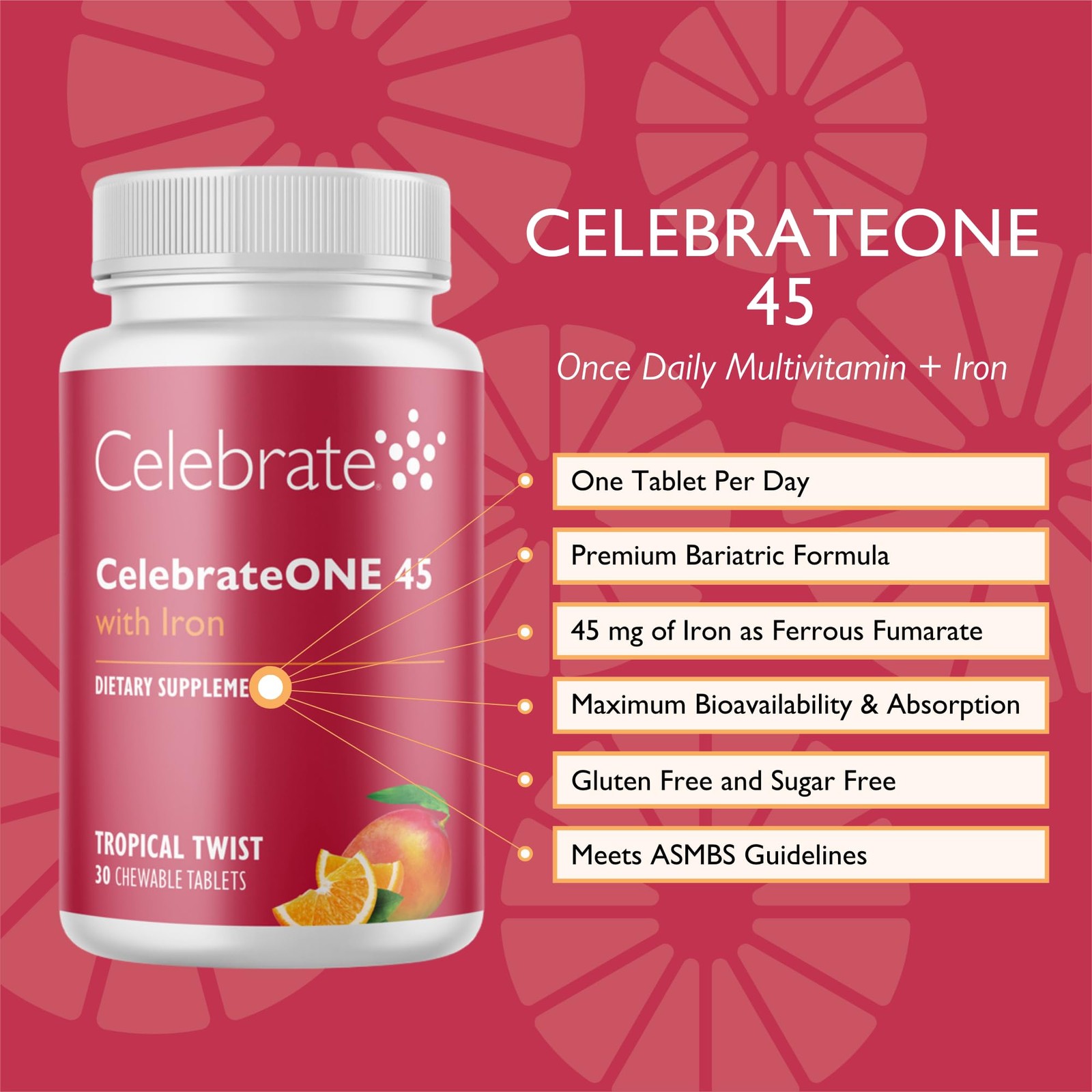 CelebrateONE 45 Bariatric Multivitamin with 30 Count (Pack of 1), Orange