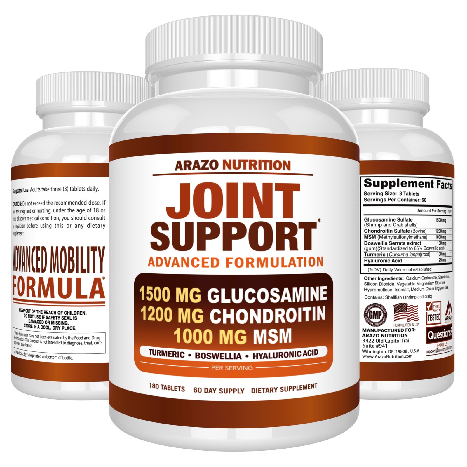 Arazo Nutrition Glucosamine Chondroitin Turmeric MSM Boswellia Joint Support
