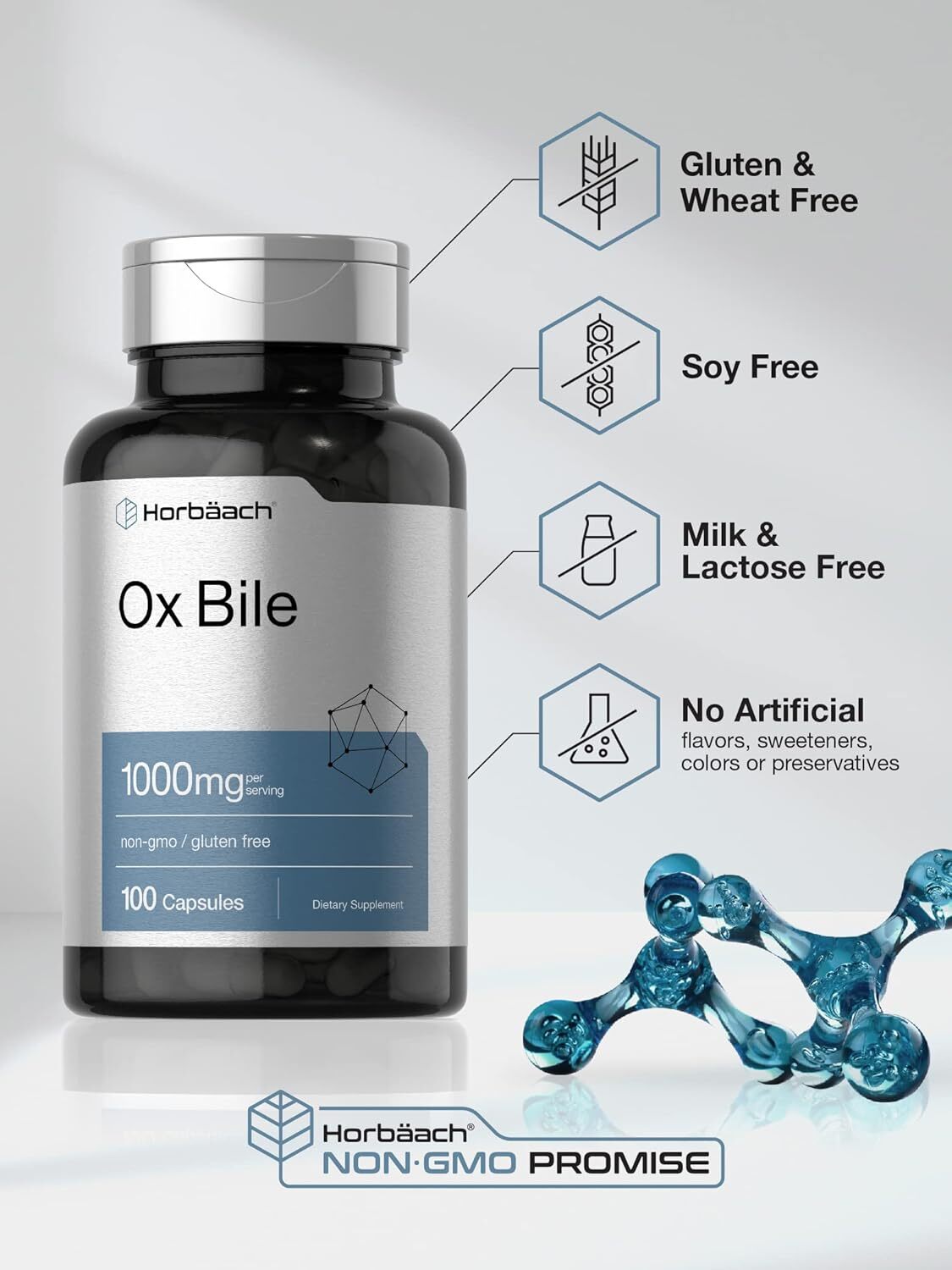 Ox Bile 1000mg Digestive Enzymes Supplement, NonGMO & Gluten Free 100ct Horbaach
