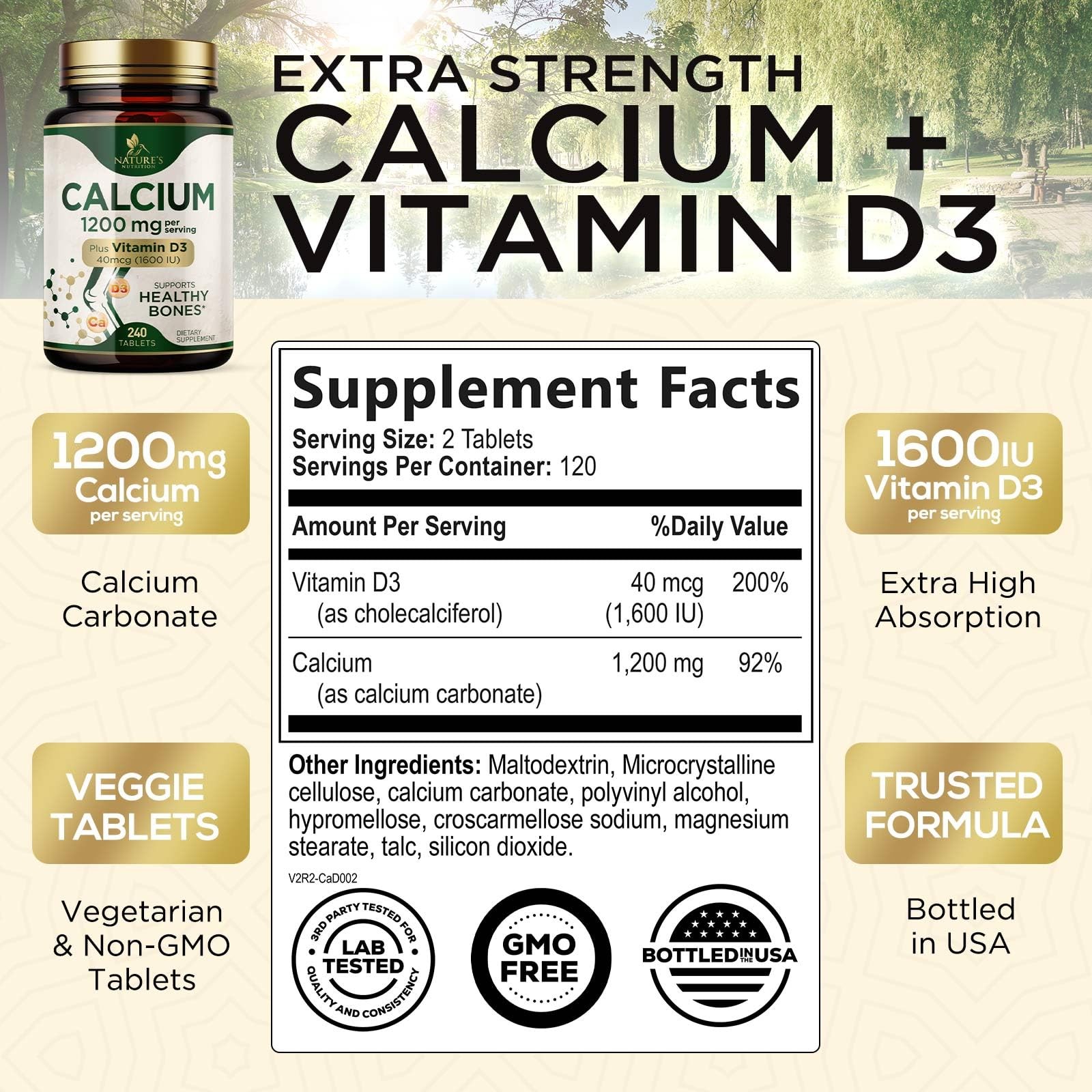 Calcium 1200 mg with Vitamin D3 – Per Serving – Bone 240 Count (Pack of 1)