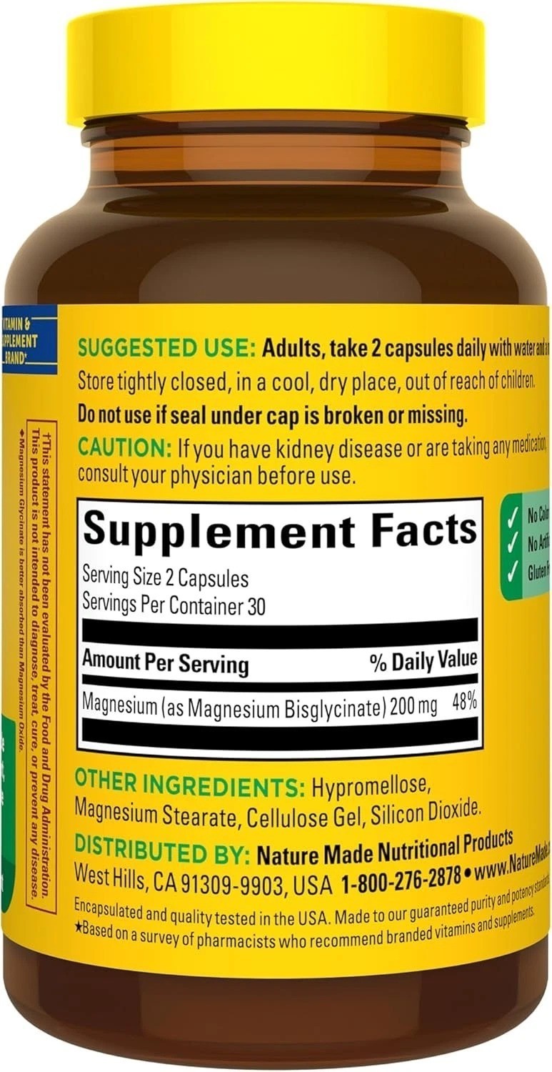 Nature Made Magnesium Glycinate 200 mg Per Serving Capsules, Dietary Supplement