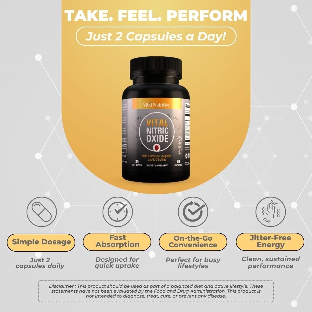 Vital Nutritive Nitric Oxide Supplement Men L-Arginine L-Citrulline 30 Days