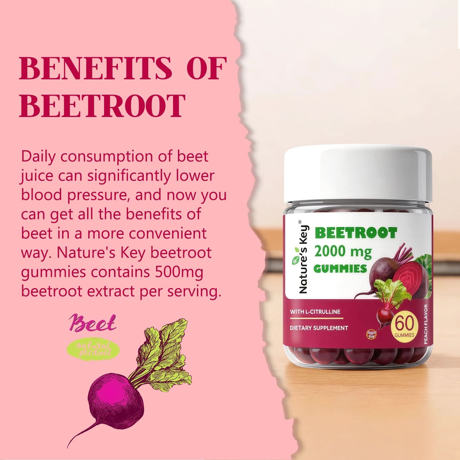 Nature’s Key Sugar Free Beet root Gummies–60 Gummies for Blood Flow & Heart