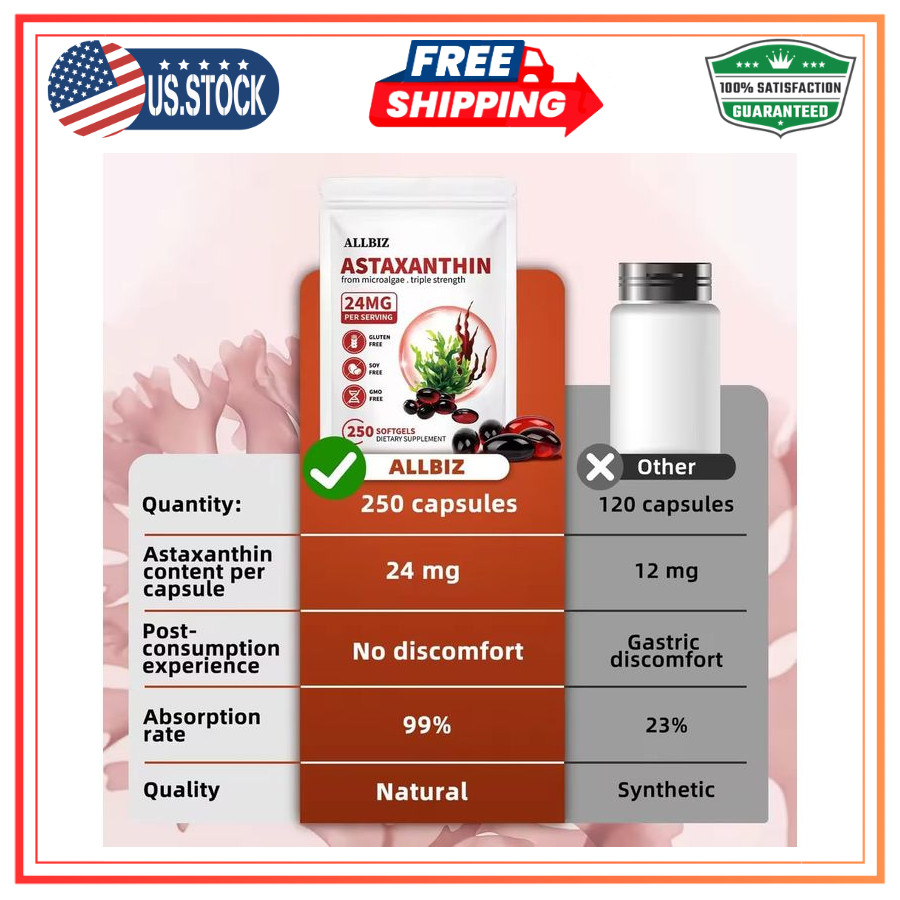 ALLBIZ Astaxanthin 24mg 250 Softgels Antioxidant Eye Skin Brain Liver Support