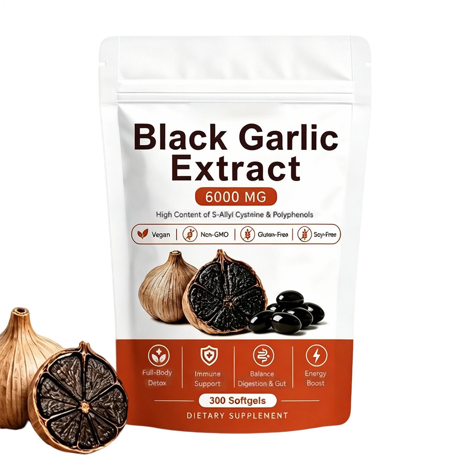 Black Garlic Extract Softgels 300ct, Odorless Vegan Non-GMO Supplement