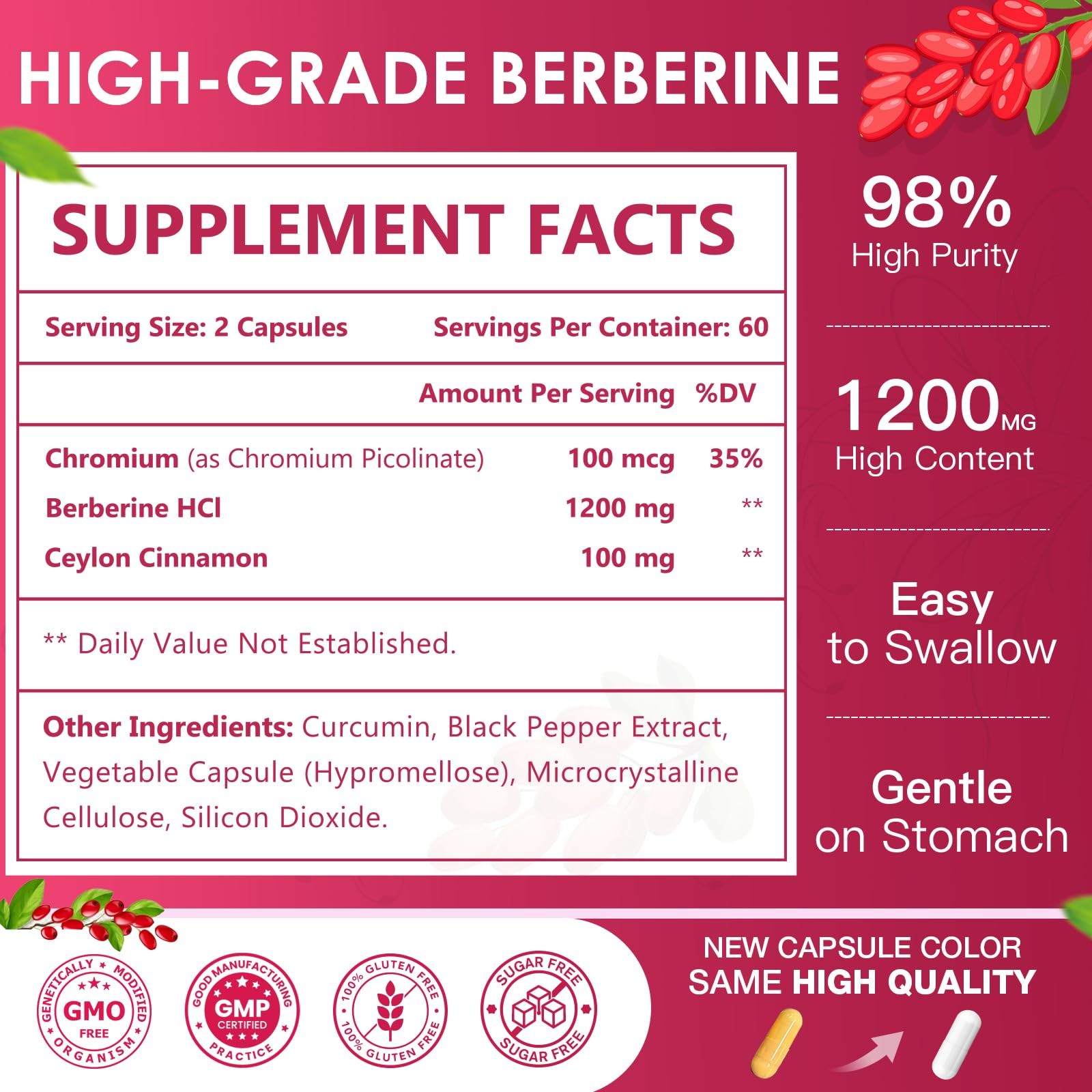 Berberine HCL 1200mg, Berberine Supplement with Ceylon Cinnamon, Chromium – Supp