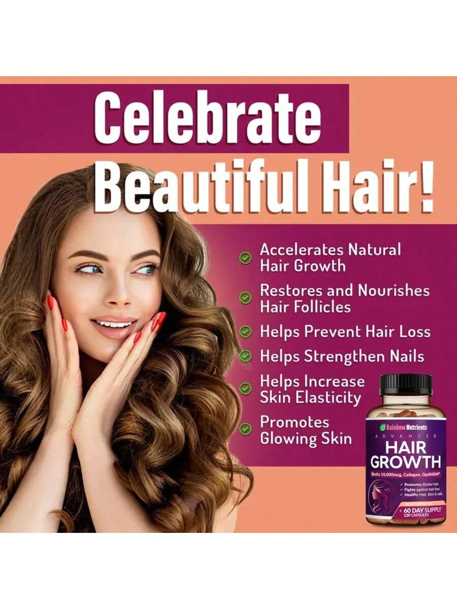 Hair Growth Vitamins 3-Pk – Biotin, Collagen – Supports Hair, Skin & Nails – 180