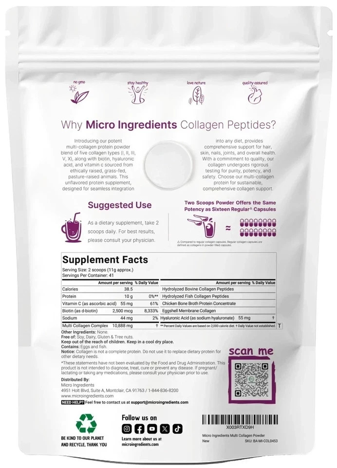 Micro Ingredients Multi Collagen Peptides I/II/III/V/X + HA, Biotin US SELLER