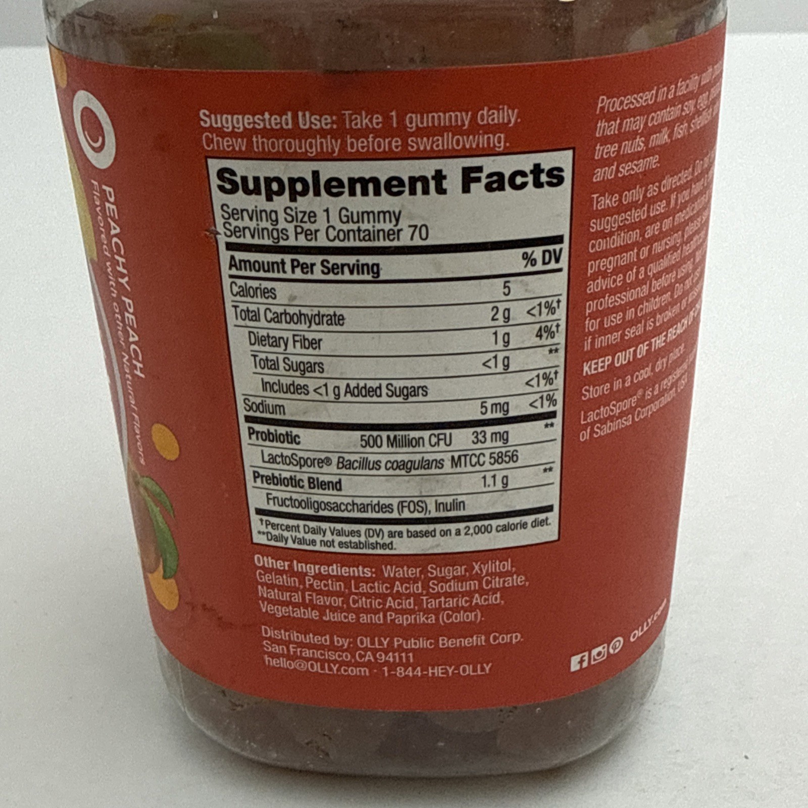 OLLY Adult Probiotic + Prebiotic Digestive Support Gummy Peach 70 Ct EXP 07/2027