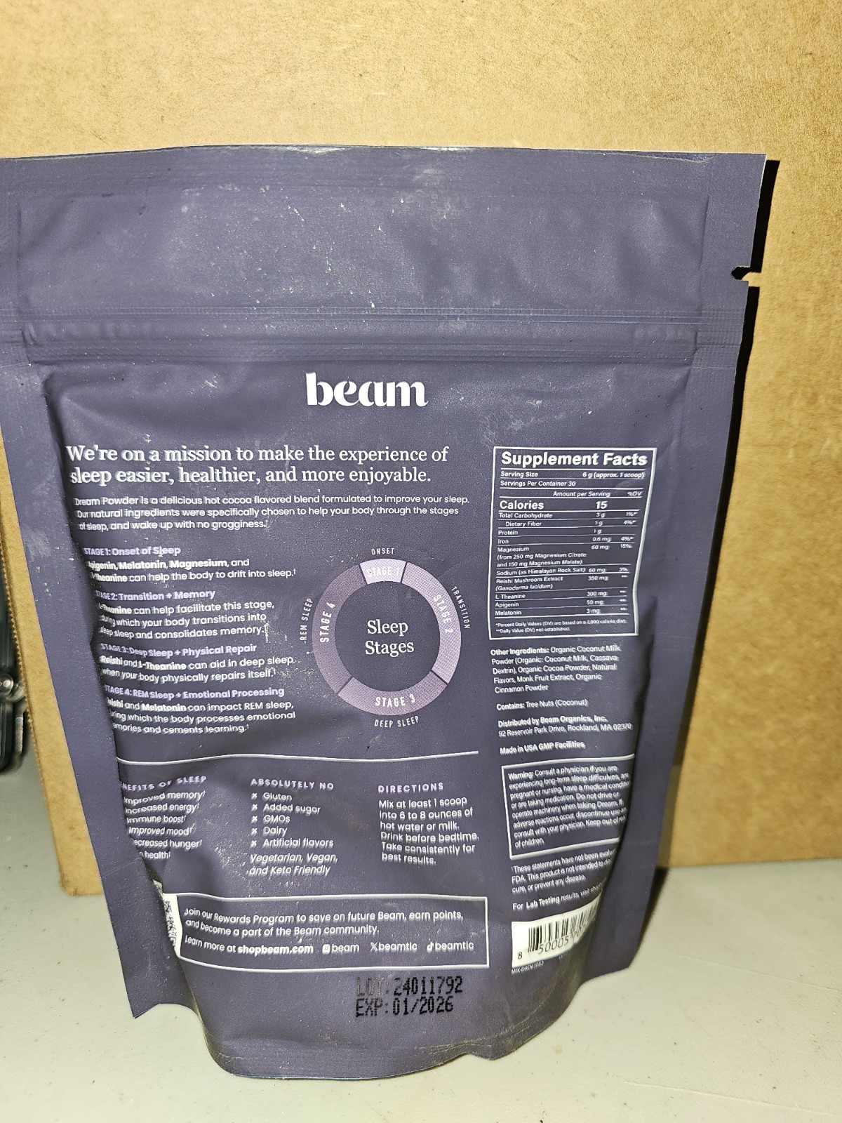Beam Dream Sleep Powder, Supplement Cinnamon Cocoa 30 servings EXP 01/2026