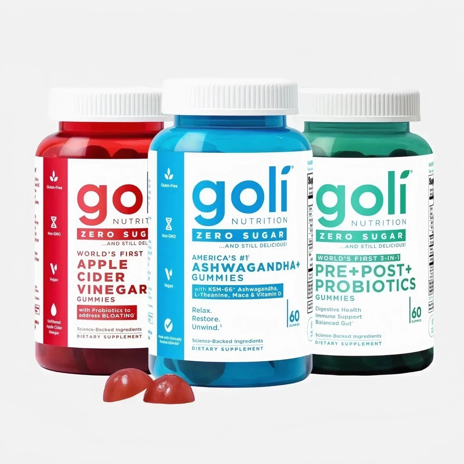 3 Bottles Goli Zero Sugar Trio ACV Ashwagandha & Probiotic Gummie 60 Caps Bottle
