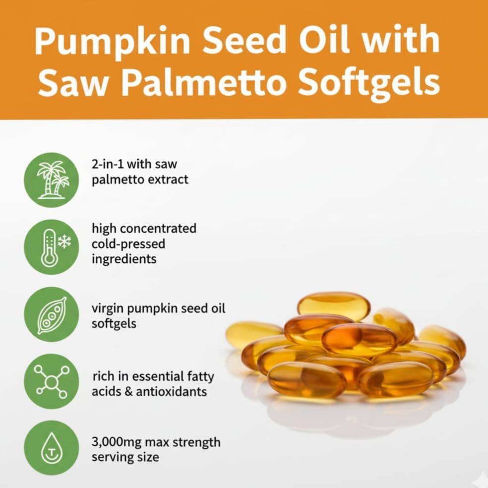 Pumpkin Seed Oil & Saw Palmetto 3000mg – 300 Softgels | Cold Pressed, Non-GMO |