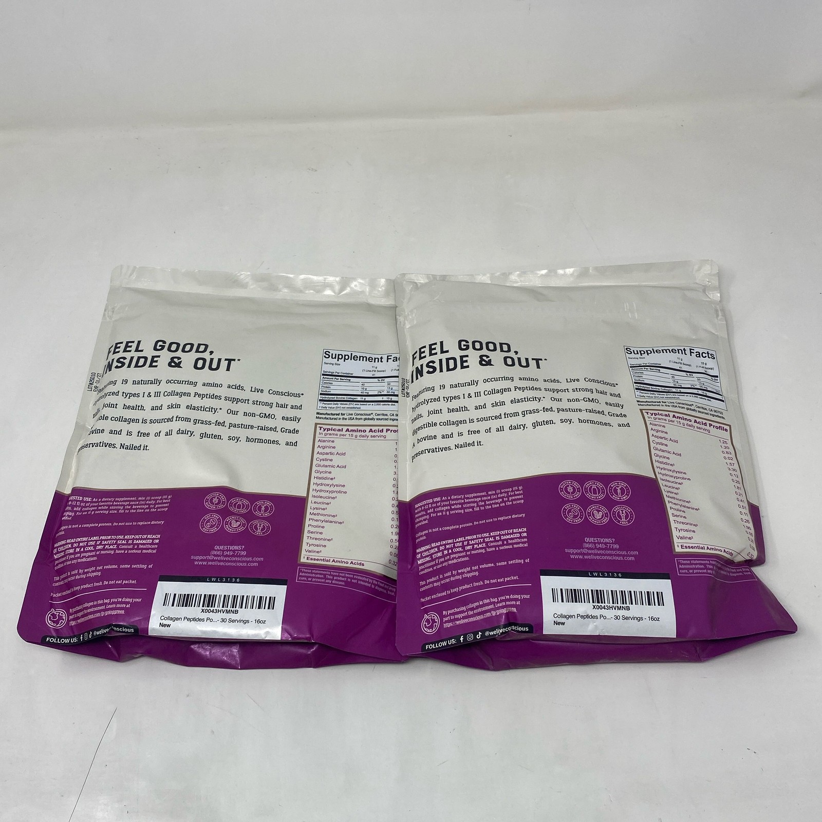 Live Conscious Collagen Peptides 16oz Unflavored Powder, 2-Pack