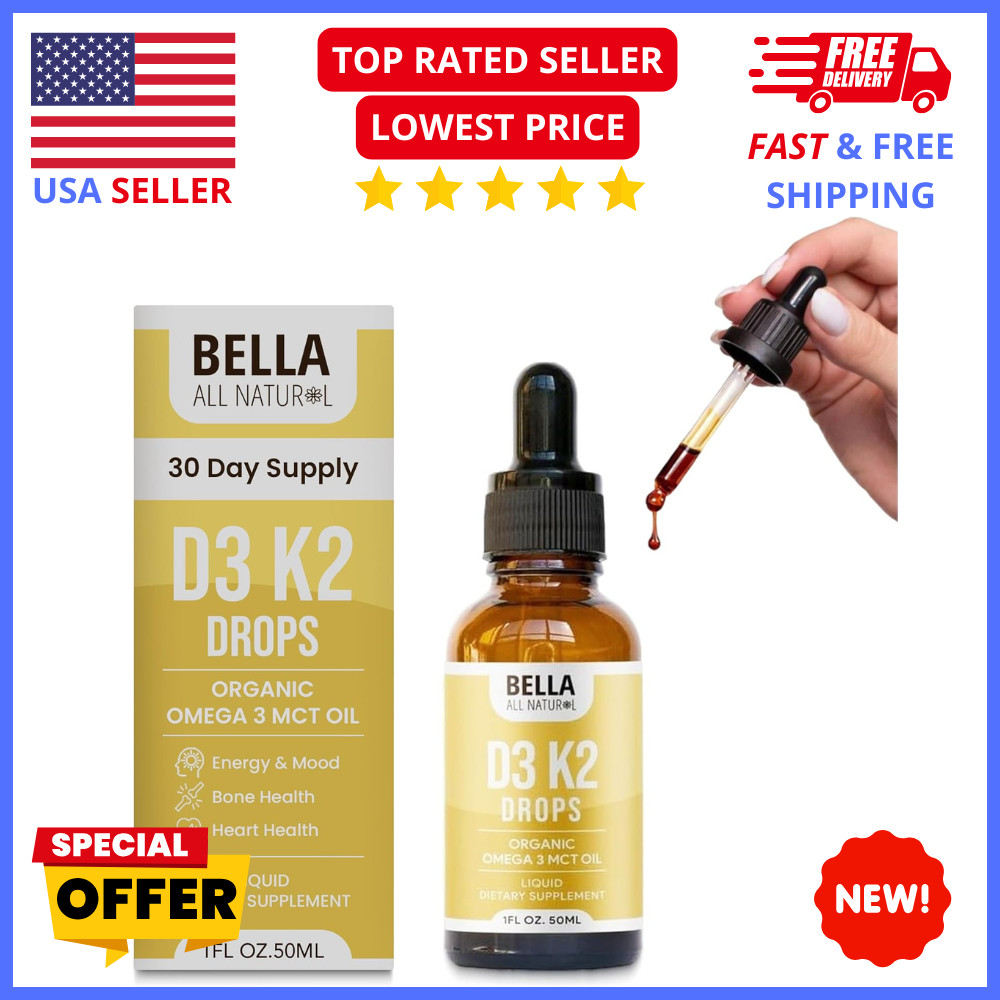 Bella Vitamin D3 K2 Liquid Drops 5000 IU Bone Immune Heart Health Supplement