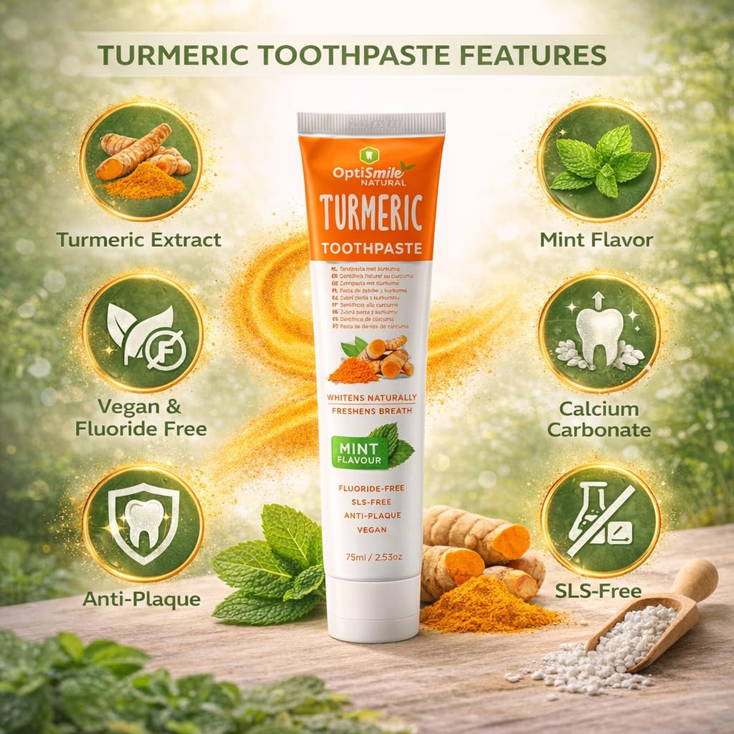 Turmeric Natural White Vegan Fluoride-Free SLS-Free Mint Flavor Anti-Plaque T…