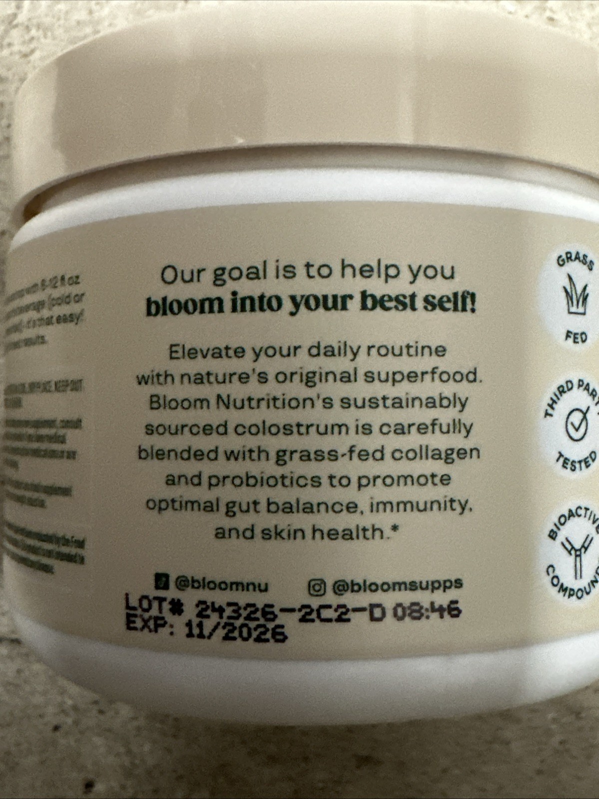 Bloom Colostrum & Collagen Peptides Unflavored 25 Sv 4.16 OZ 11/2026