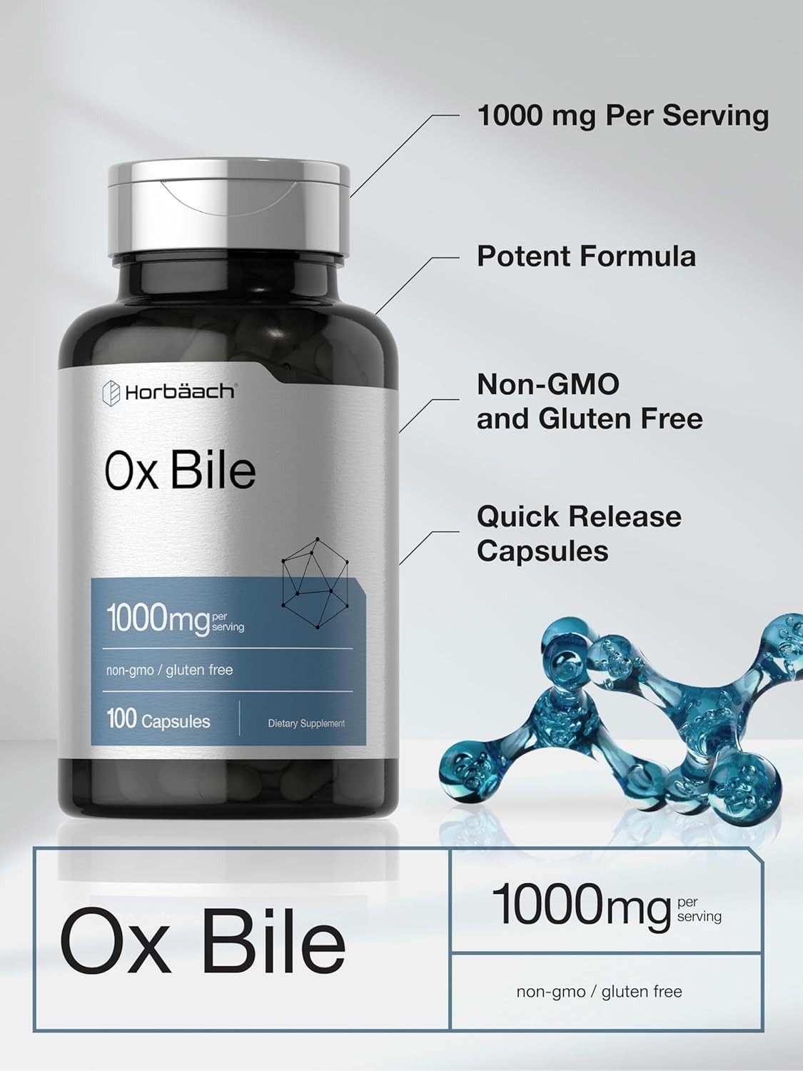 Ox Bile 1000mg | 100 Capsules | Digestive Enzymes | by Horbaach