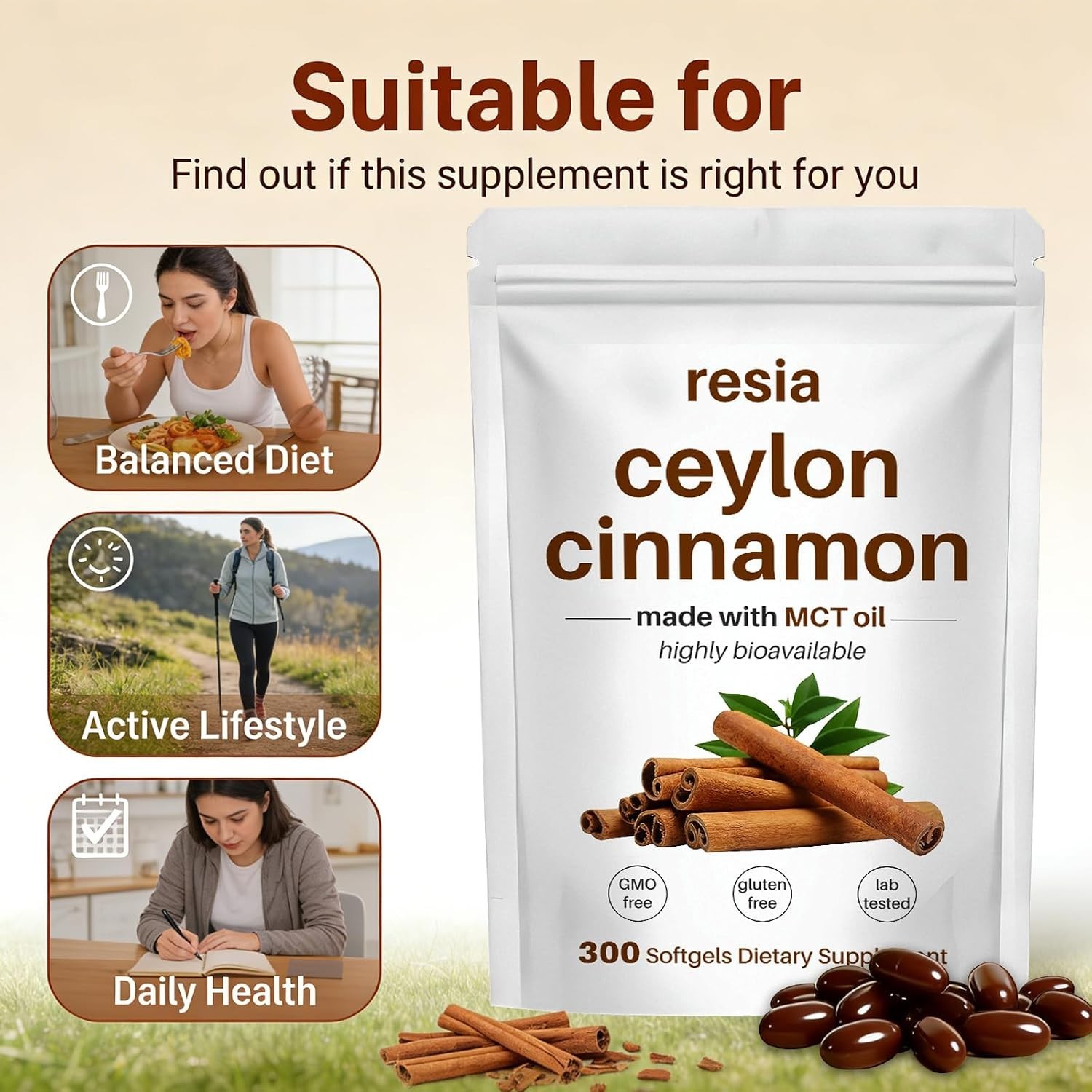 RESIA Ceylon Cinnamon Softgels with MCT Oil, Herbal Cinnamon Extract for Dail…