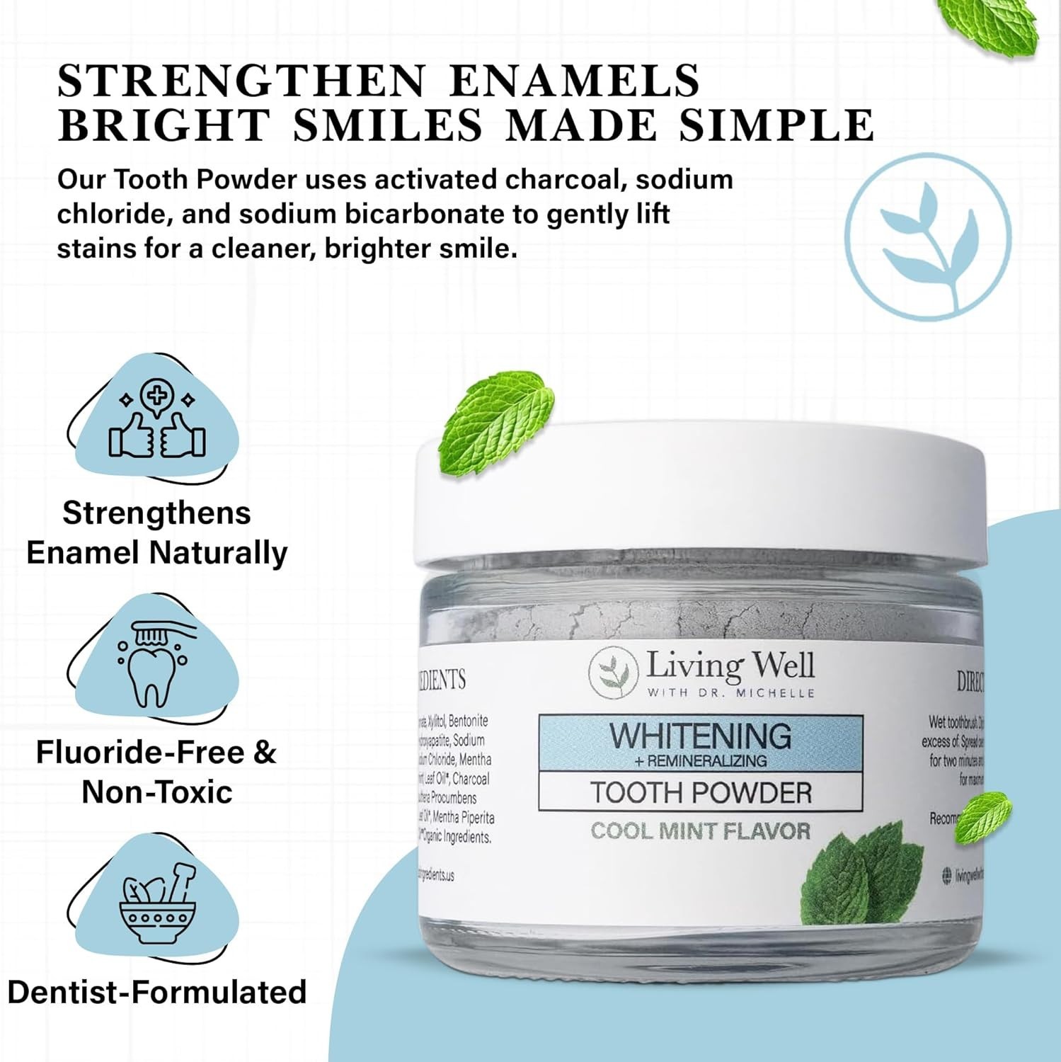 Remineralizing & Whitening Tooth Powder Cool Mint | Fluoride-Free Hydroxyapat…
