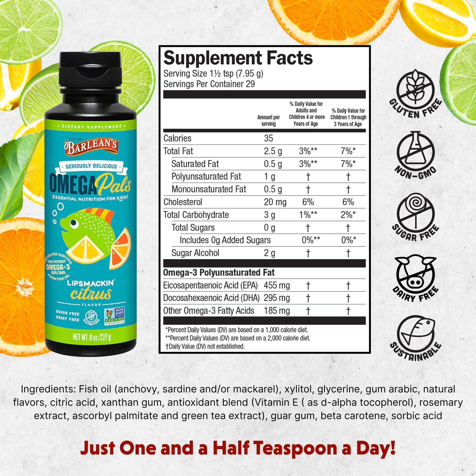 Barlean’s Omega Pals Lipsmackin’ Citrus Flavored Omega3 for Kids, Yummy Child…