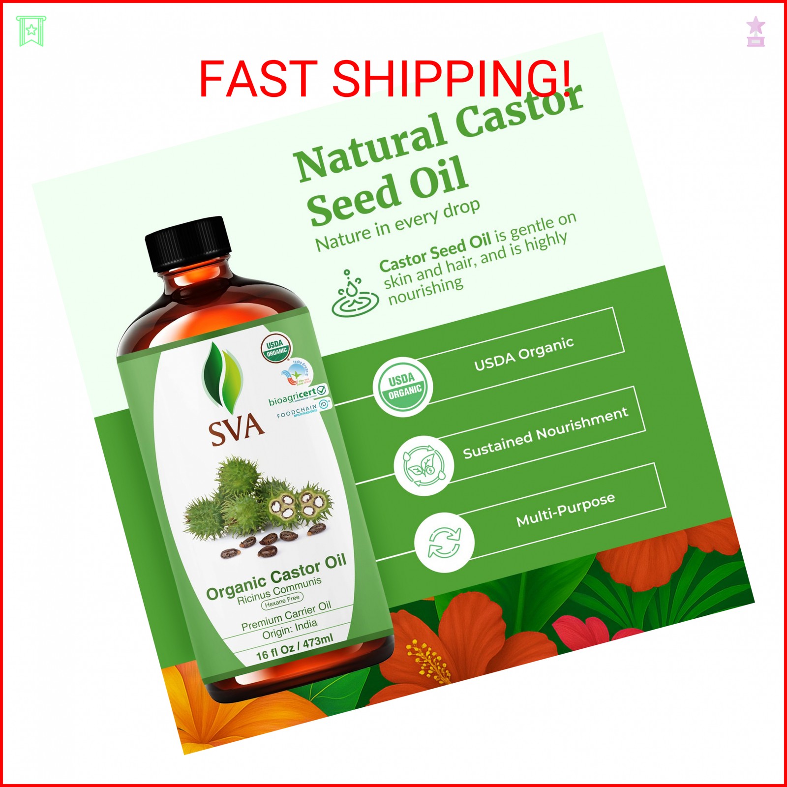 SVA Castor Seed Oil Organic – 16 Fl Oz – 100% Natural Cold Pressed Organic Casto
