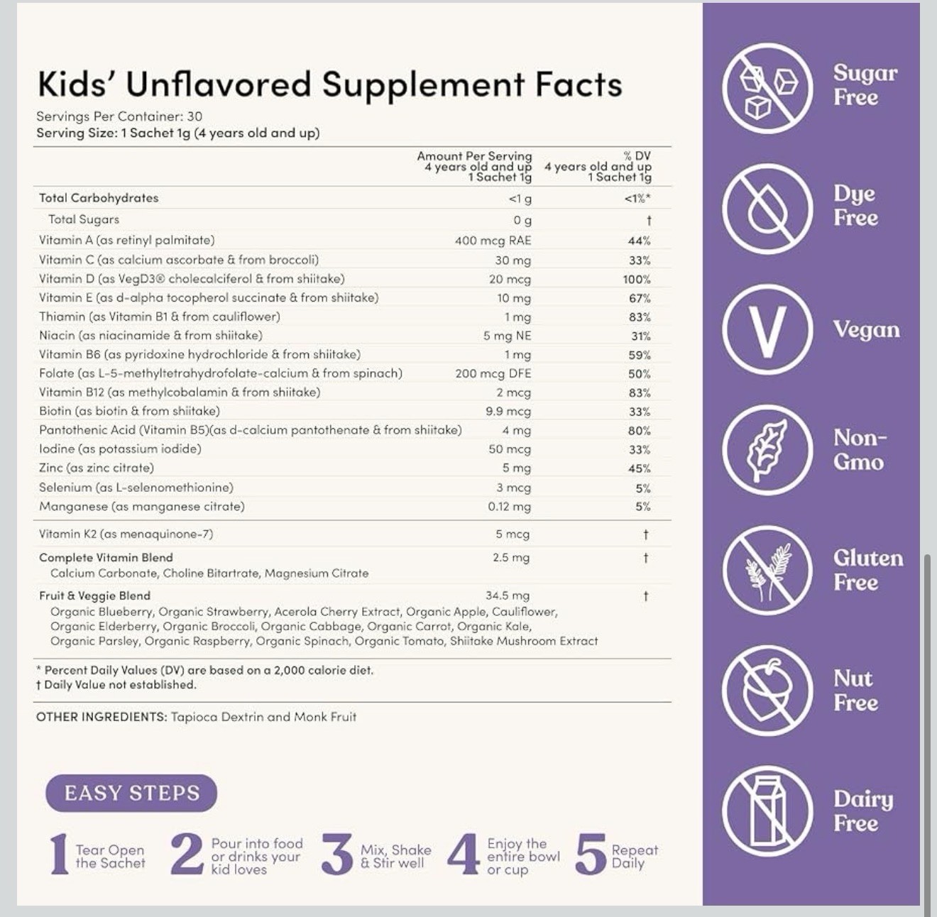 EllaOla Kids Unflavored Multivitamin Sachets, Sugar-Free Vegan, 30 Count