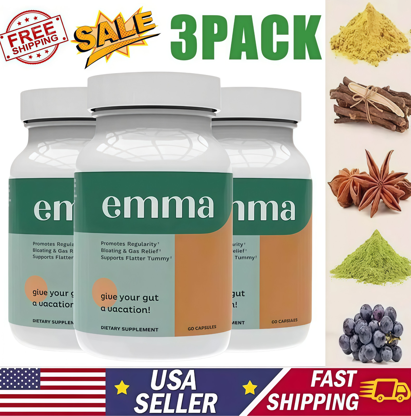 3 Pack Emma Gut Health Supplement 180 Capsules for Bloating Relief & Leaky Gut.