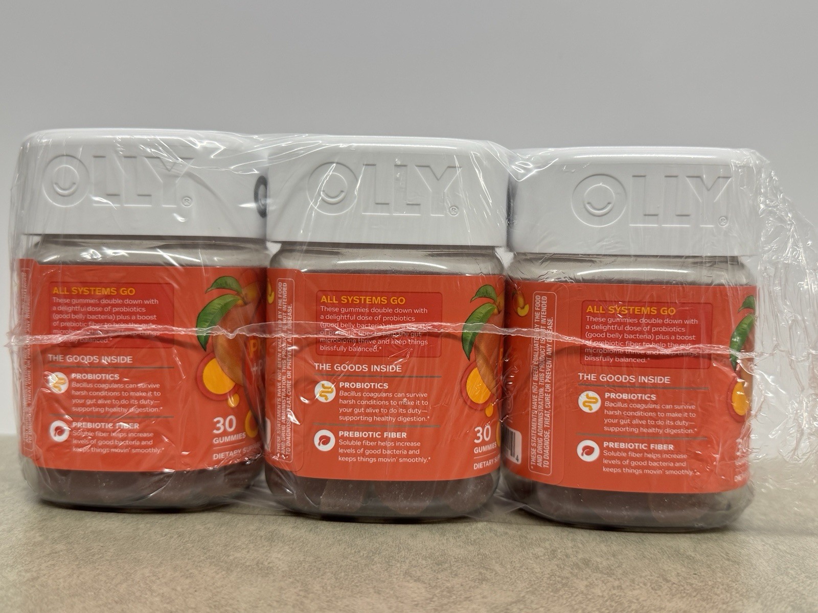 Olly Probiotic + Prebiotic Gummies Peachy Peach 30Ct 3 Pack Exp 02/2027