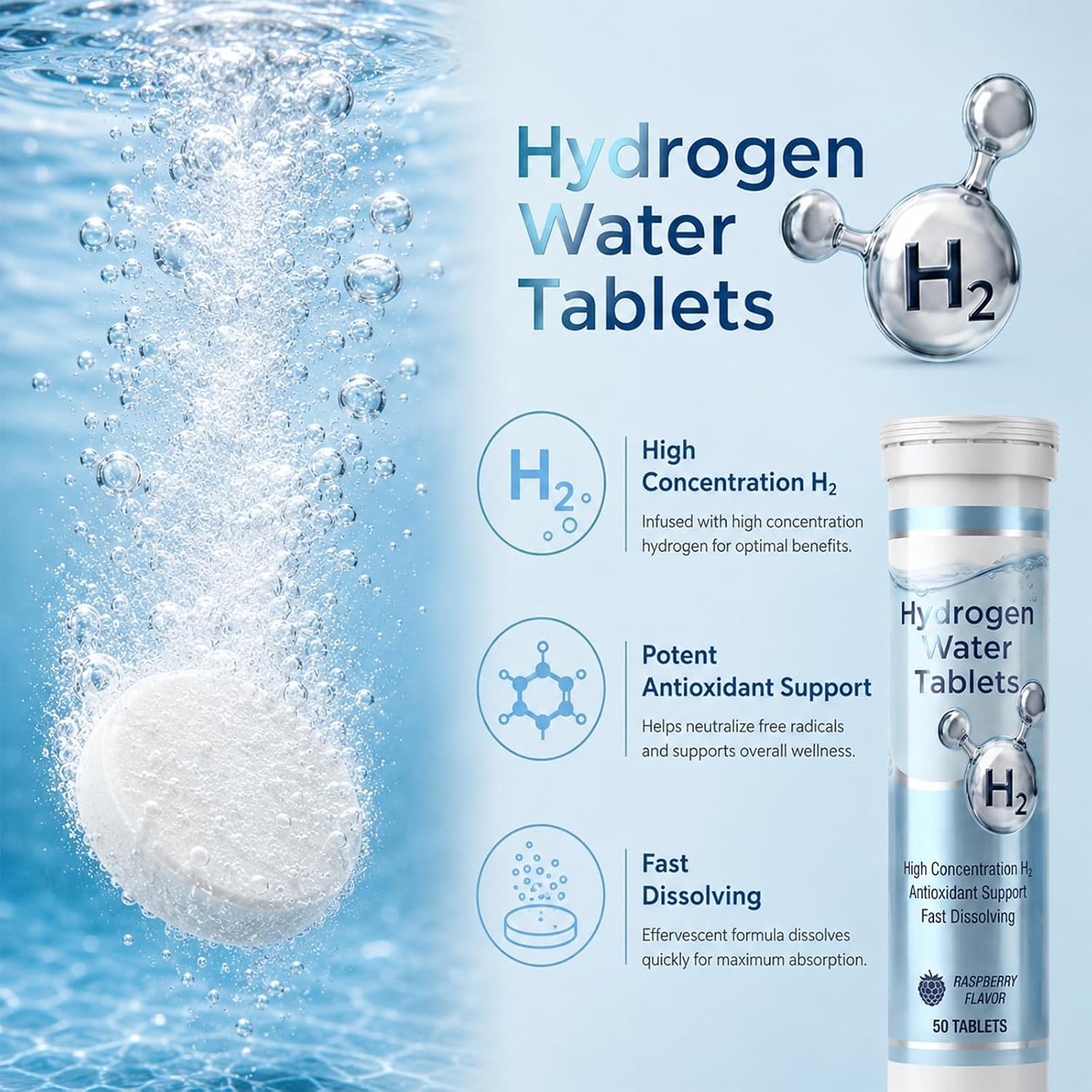 Raspberry Hydrogen Water Tablets, 100 ct Molecular Hydrogen Water Tablets