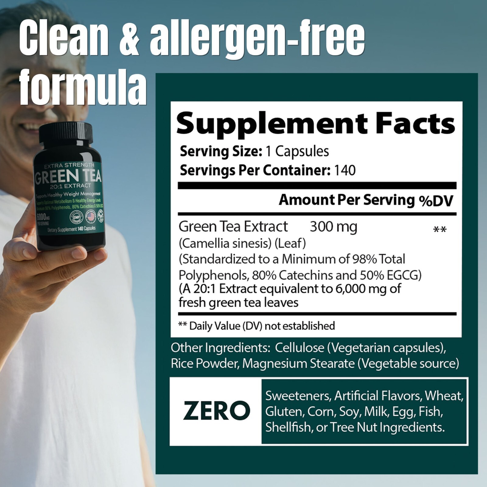 Extra Strength Green Tea 20:1 Extract, 6000 mg Strength, 140 Vegan Capsules