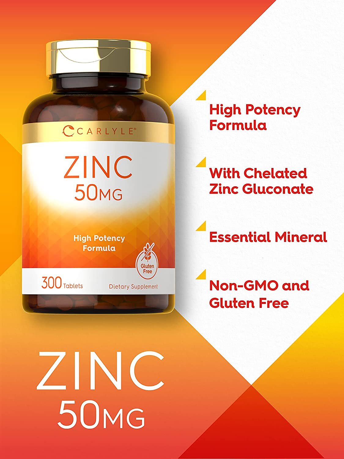 Zinc 50mg | 300 Tablets | Vegetarian | Non-GMO & Gluten Free | by Carlyle