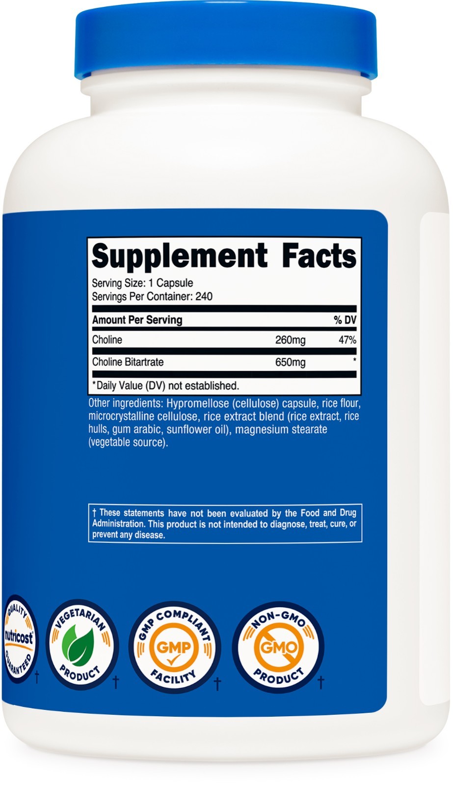 Nutricost Choline Bitartrate 650mg, 240 Vegetarian Capsules-Non-GMO, Gluten Free