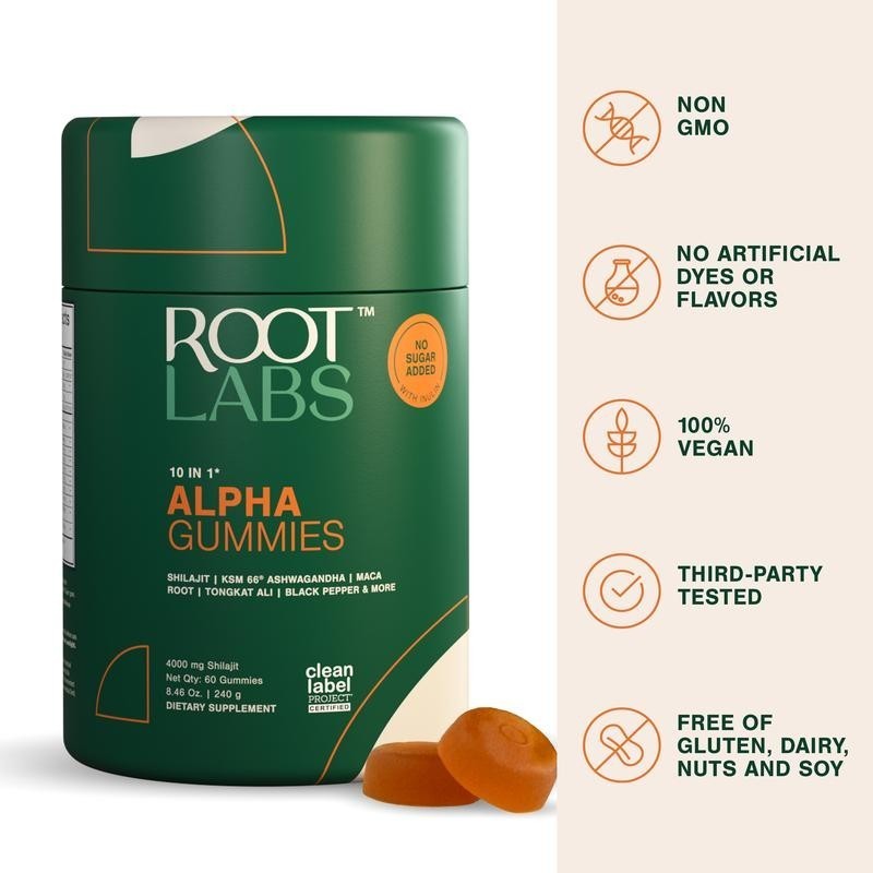3PCS- Root Labs 10-1 Alpha Gummies | 4K mg Pure Shilajit & KSM-66 | 60 Gummies