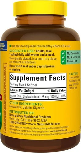 Nature Made Vitamin D3 1000 IU (25 mcg),300 Softgels, 300 Day Supply