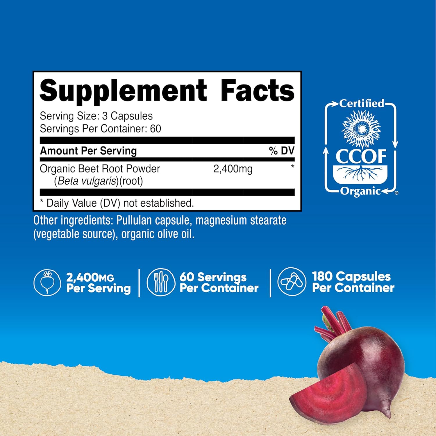 Beet Root 2400Mg 180 Capsules – CCOF Certified Made with Organic Beet Root Sup