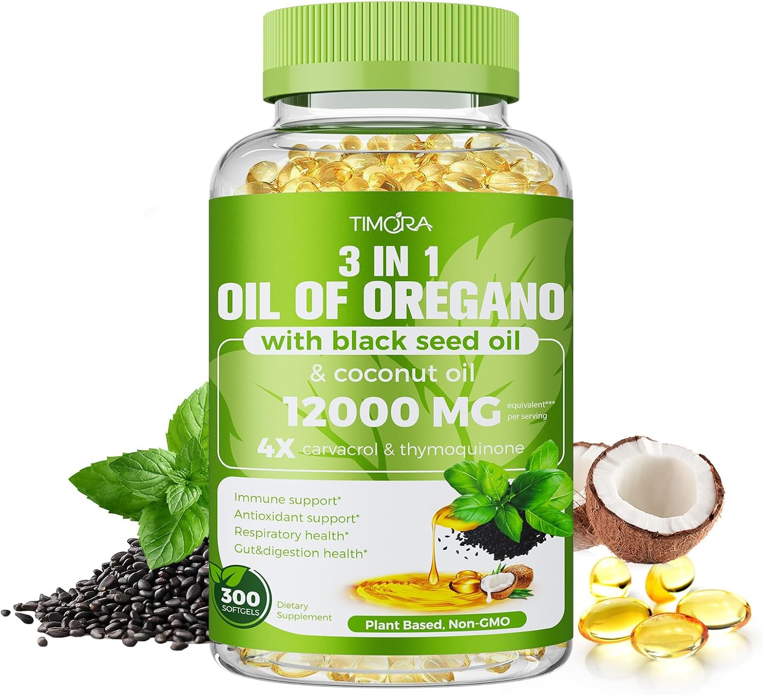 40:1 Oil of Oregano Softgels with Black Seed & Coconut Oil, 300 Count | 3-In-1 F